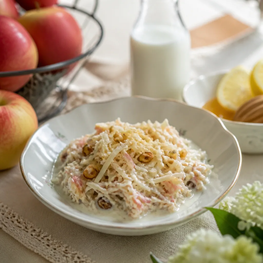 vintage style bowl of grated apple muesli with condensed milk and lemon