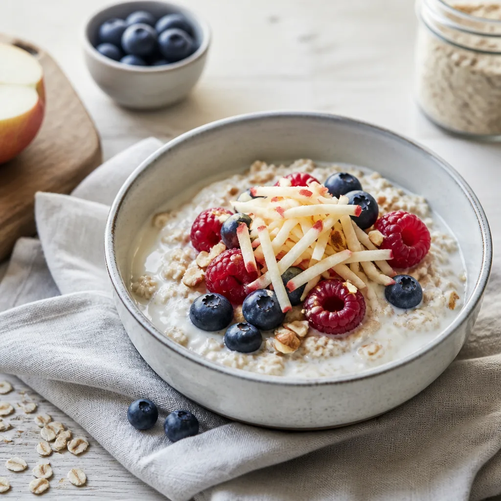modern bircher muesli bowl with yogurt, berries and grated apple