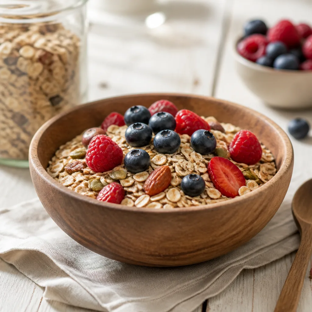 close up of a wooden bowl filled with gluten free oat muesli and fresh berries on a light table