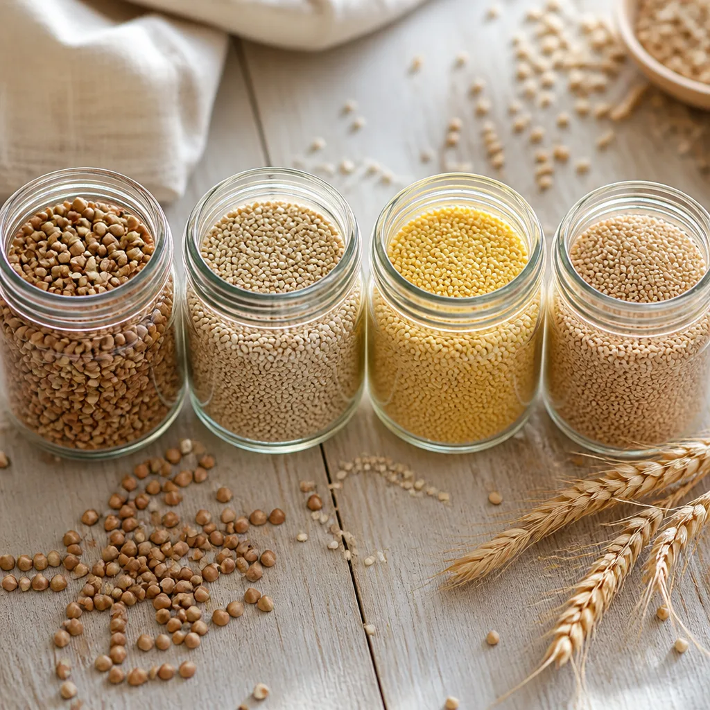 overhead shot of small glass jars with buckwheat, quinoa, millet and amaranth grains arranged in a row