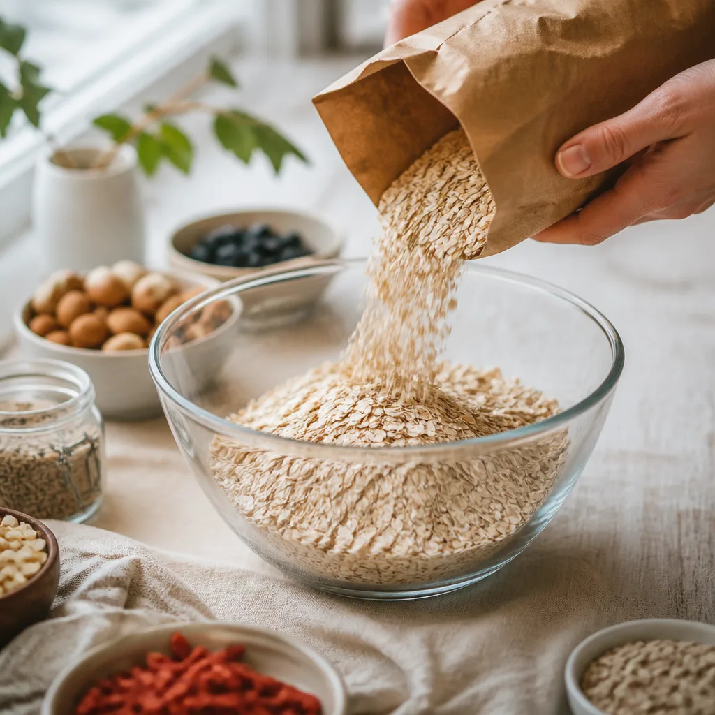 hands pouring certified gluten free oat flakes from a paper bag into a glass mixing bowl