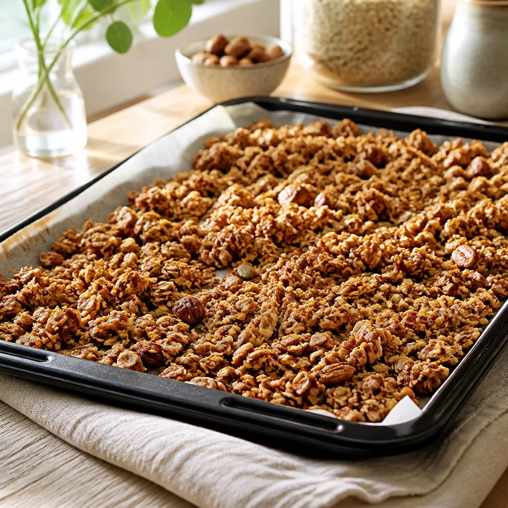 baking tray with golden granola clusters fresh out of the oven