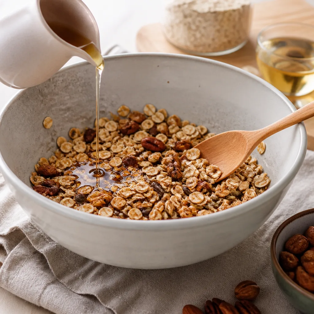 close up of granola being mixed with maple syrup and oil in a large bowl