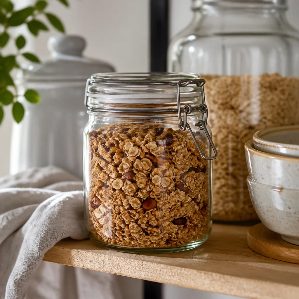 glass jar filled with homemade granola on a kitchen shelf