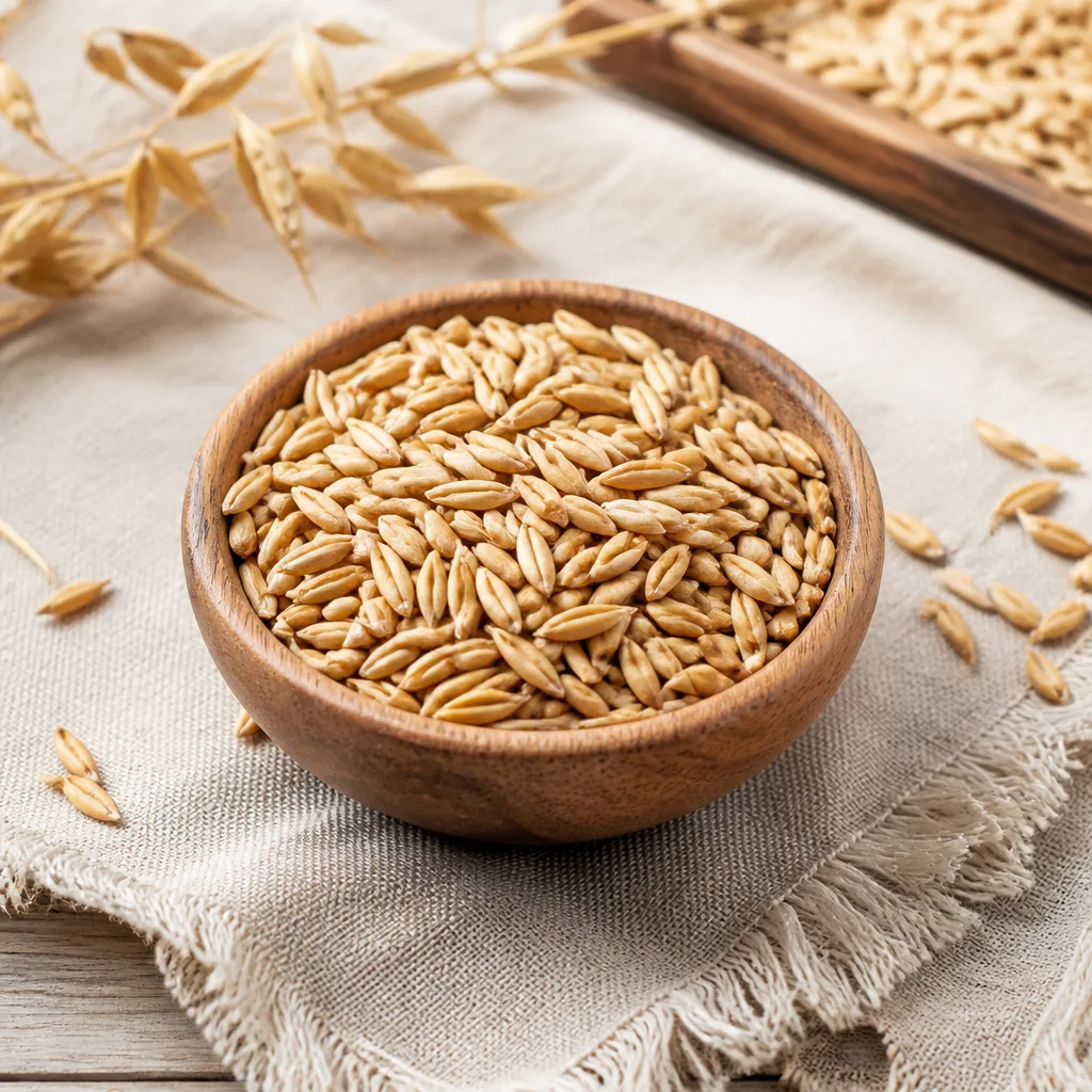 close up of raw oat groats in a small wooden bowl on a linen cloth
