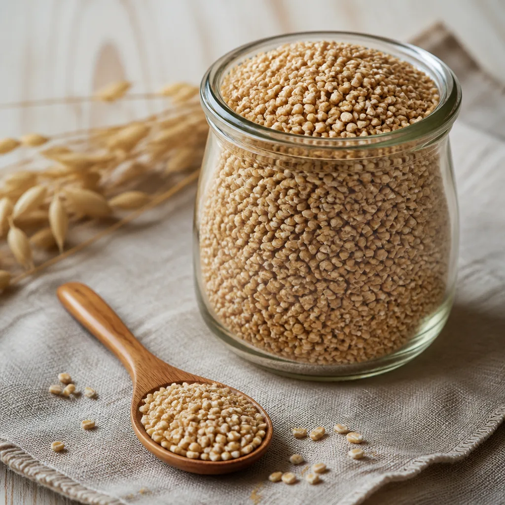 steel cut oats in a glass jar next to a wooden spoon