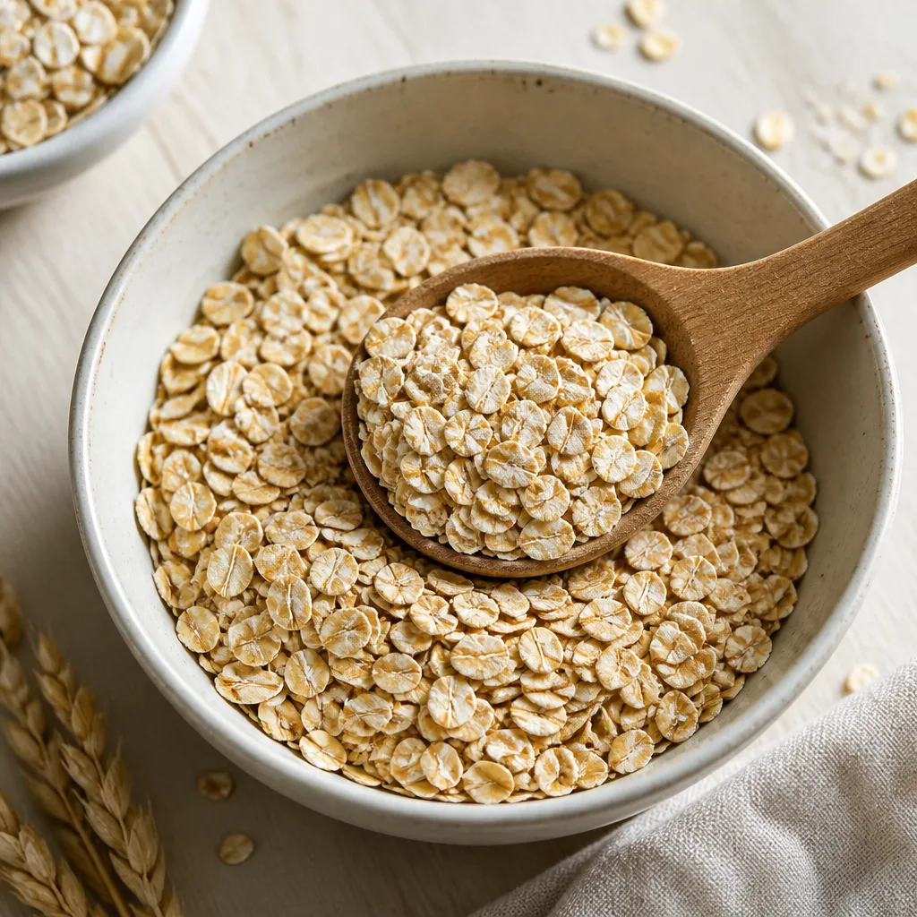 overhead shot of a wooden spoon scooping rolled oats from a ceramic bowl