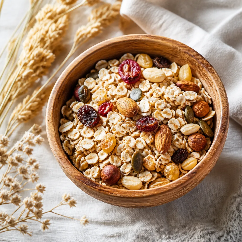Overhead view of a wooden bowl filled with mixed muesli, oats, nuts and dried fruit on a light linen cloth