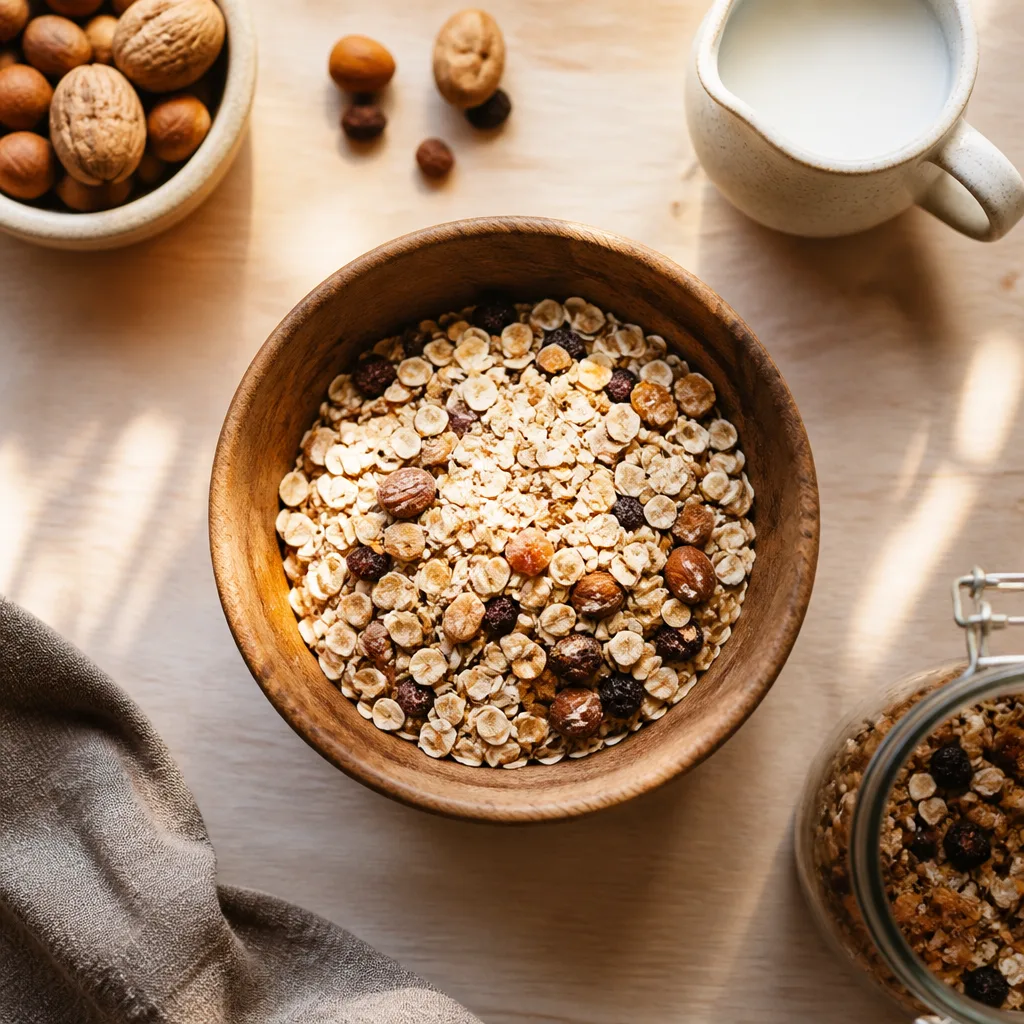 Overhead shot of a wooden bowl with mixed muesli, oat flakes, nuts and dried fruit, soft morning light