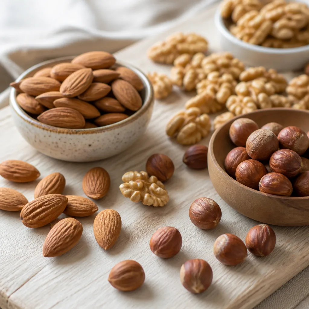 Close-up of assorted nuts, almonds, hazelnuts and walnuts on a light wooden surface
