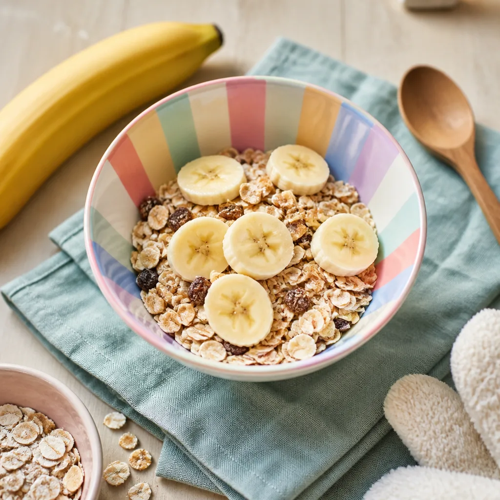 Small colorful bowl of mild muesli with banana slices for a child, viewed from above