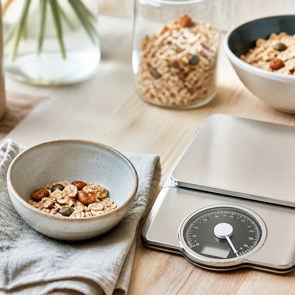 small portion of muesli in a compact bowl next to a kitchen scale on a countertop