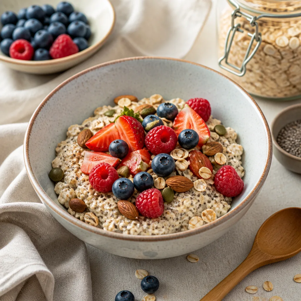 bowl of oat muesli with chia seeds, nuts and berries arranged for a filling breakfast