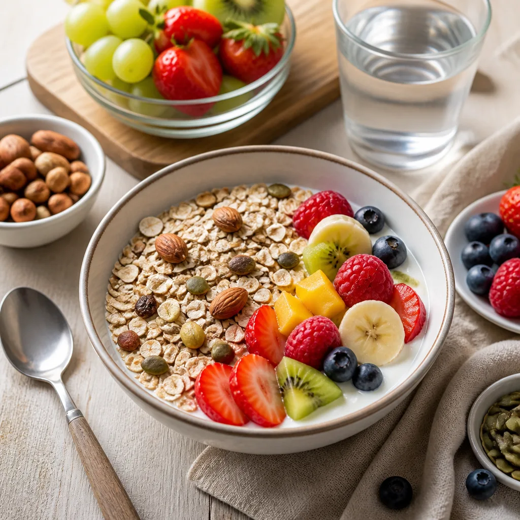 overhead flat lay of a balanced breakfast bowl with muesli, yogurt and mixed fruit