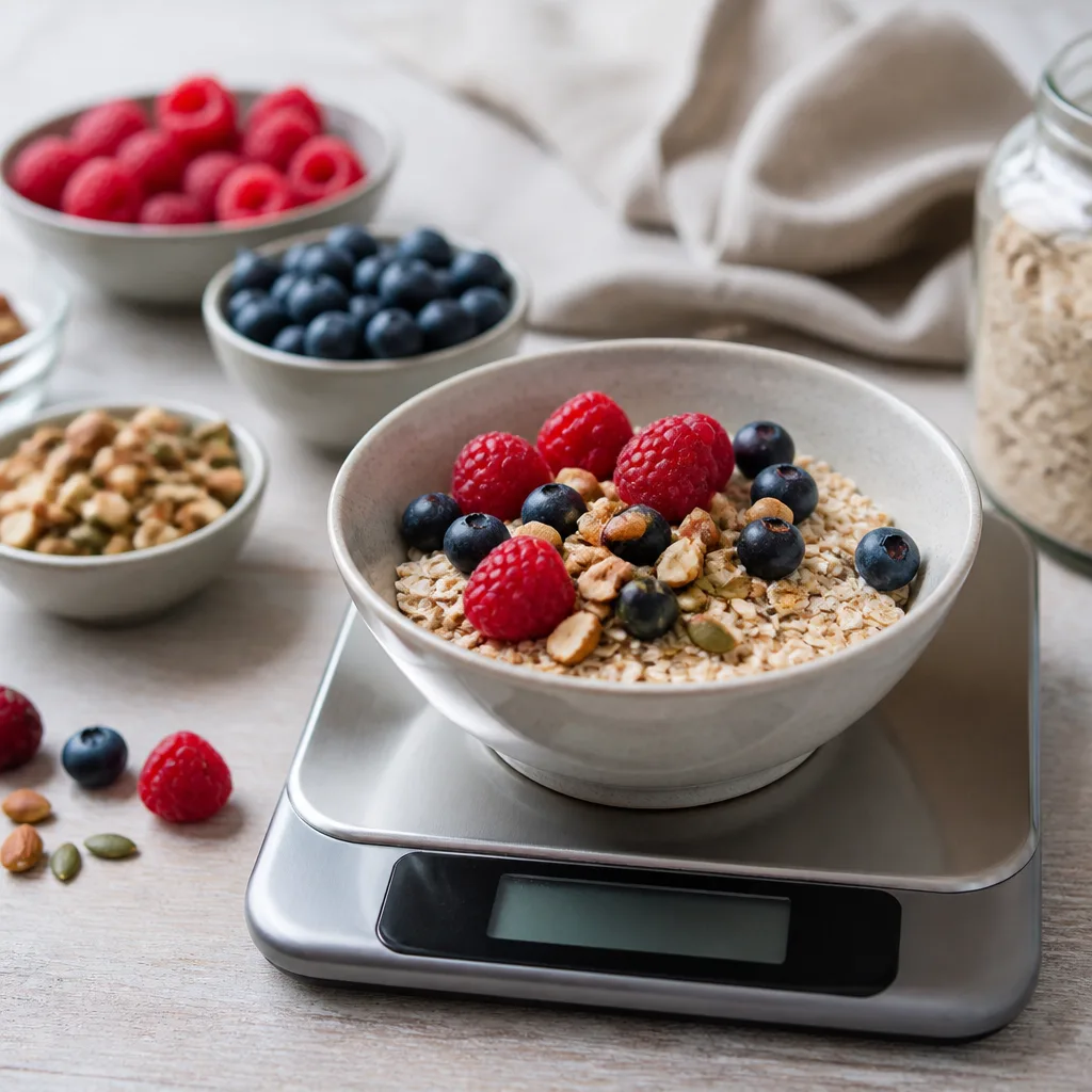 single serving of muesli with berries measured out on a scale for portion control