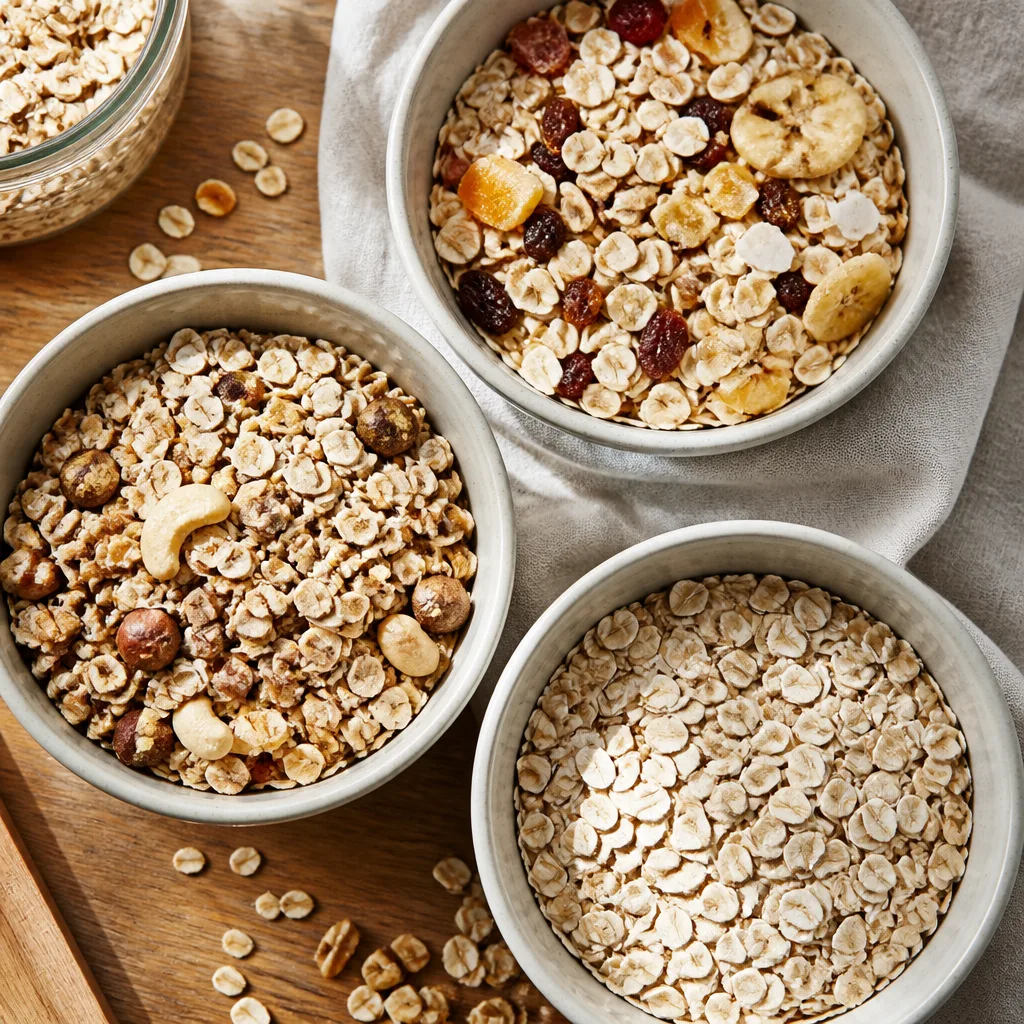 Several small bowls with different types of muesli, granola and porridge arranged on a wooden table, top view