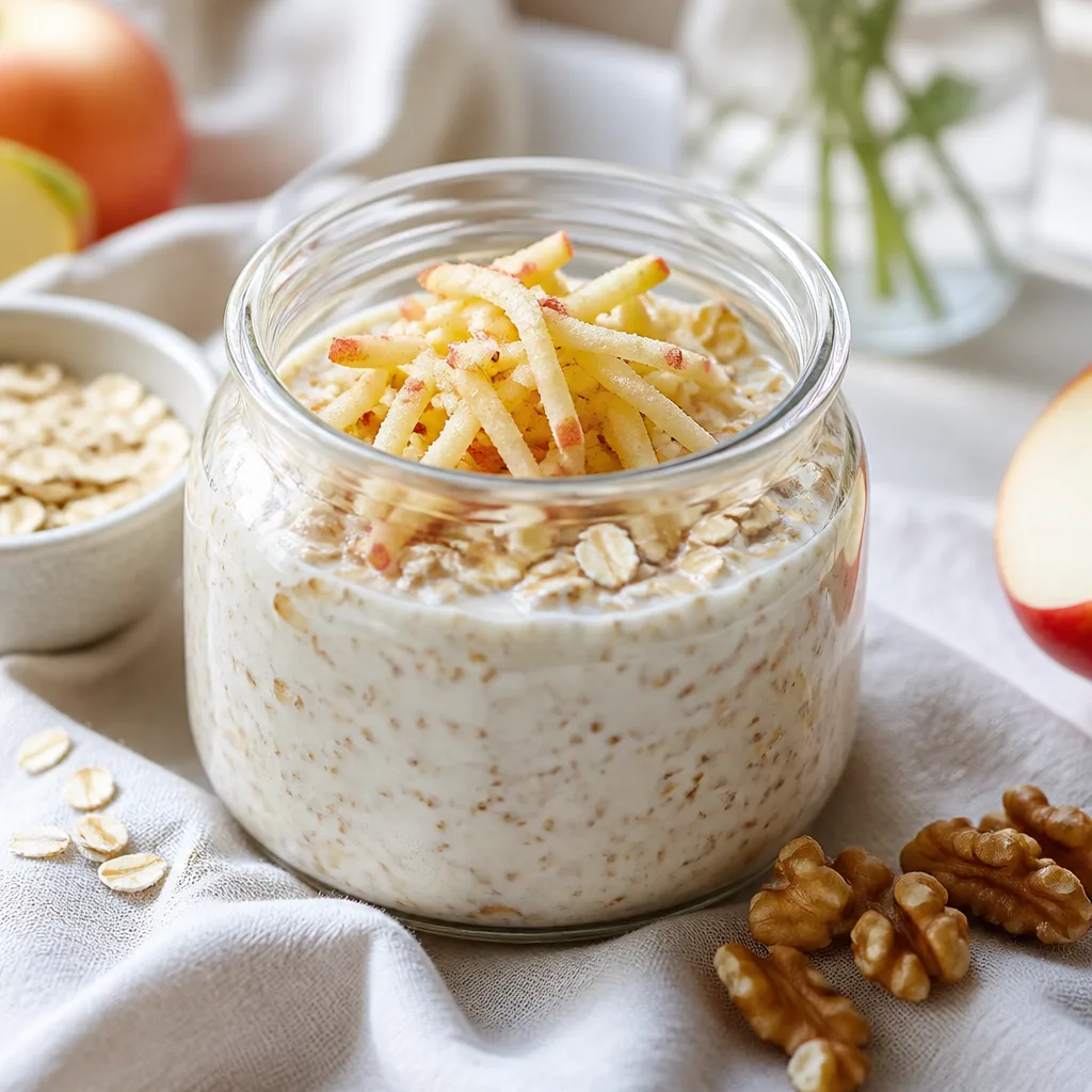 Glass jar with creamy bircher muesli, grated apple and rolled oats, soft morning light