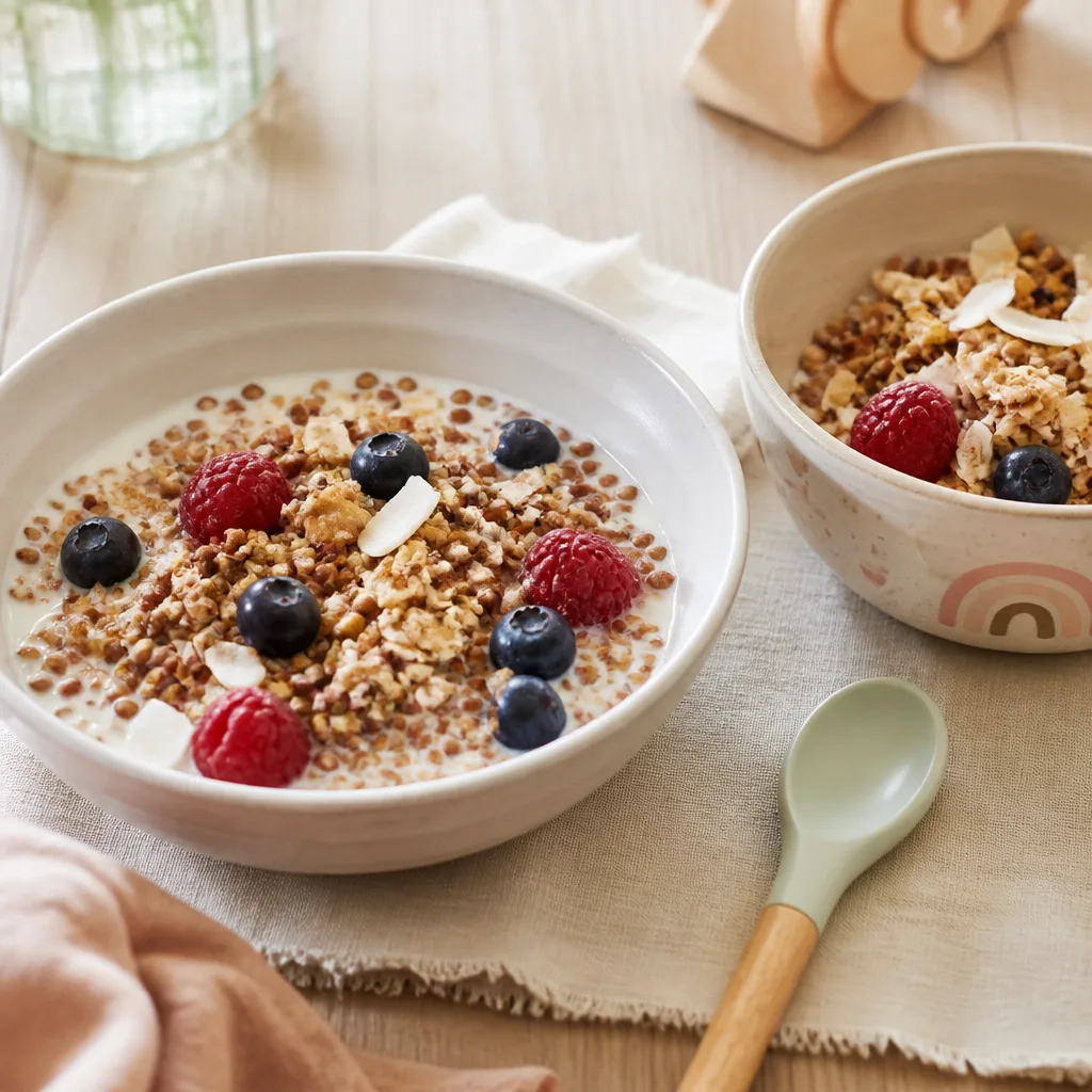 Bowl of gluten-free muesli with buckwheat flakes and berries, small children's bowl beside it