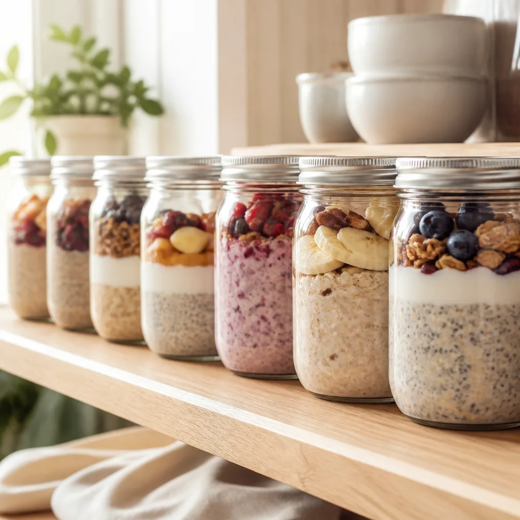 weekly meal prep jars with layered overnight oats on kitchen shelf, natural light