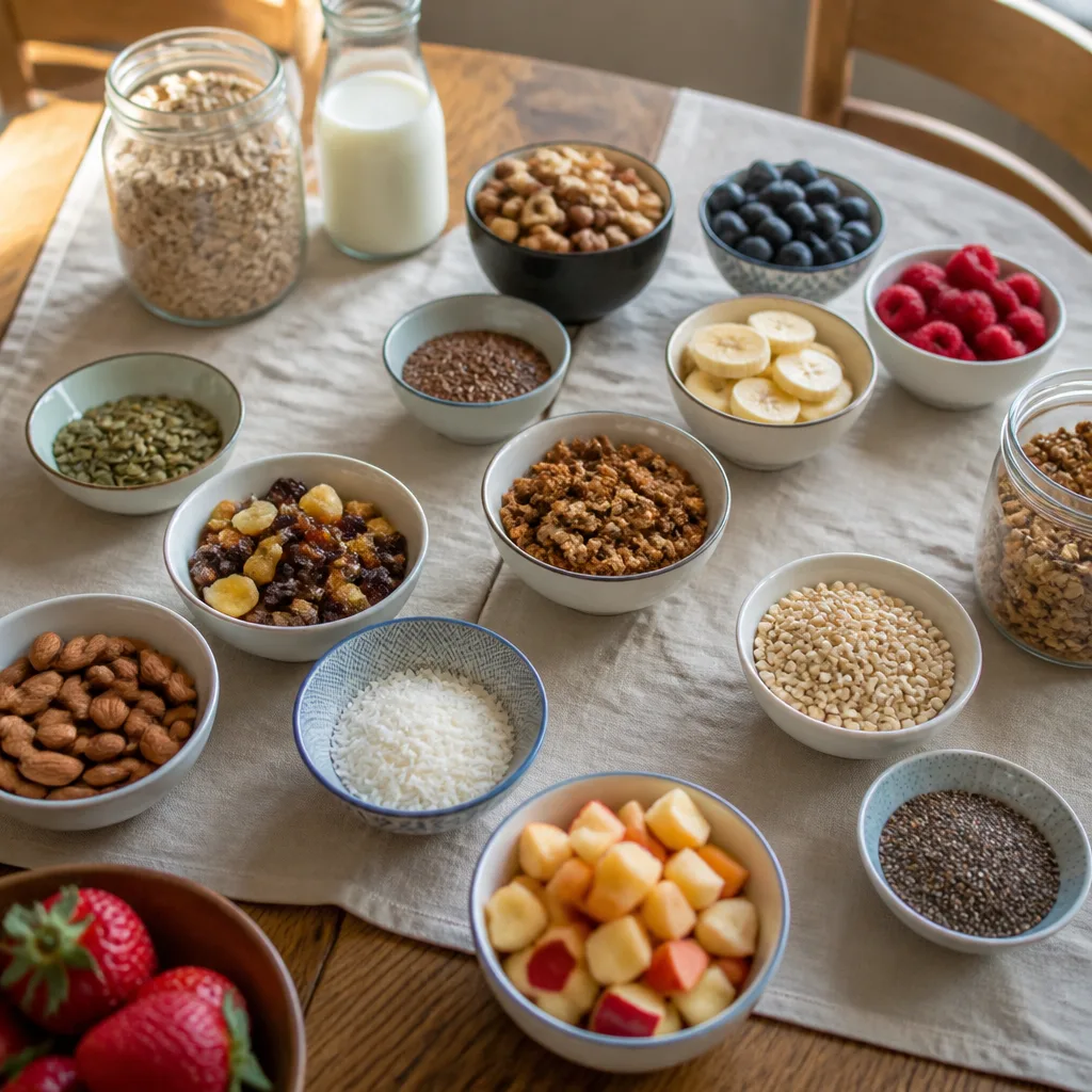 family breakfast table with several small bowls of muesli toppings, overhead shot