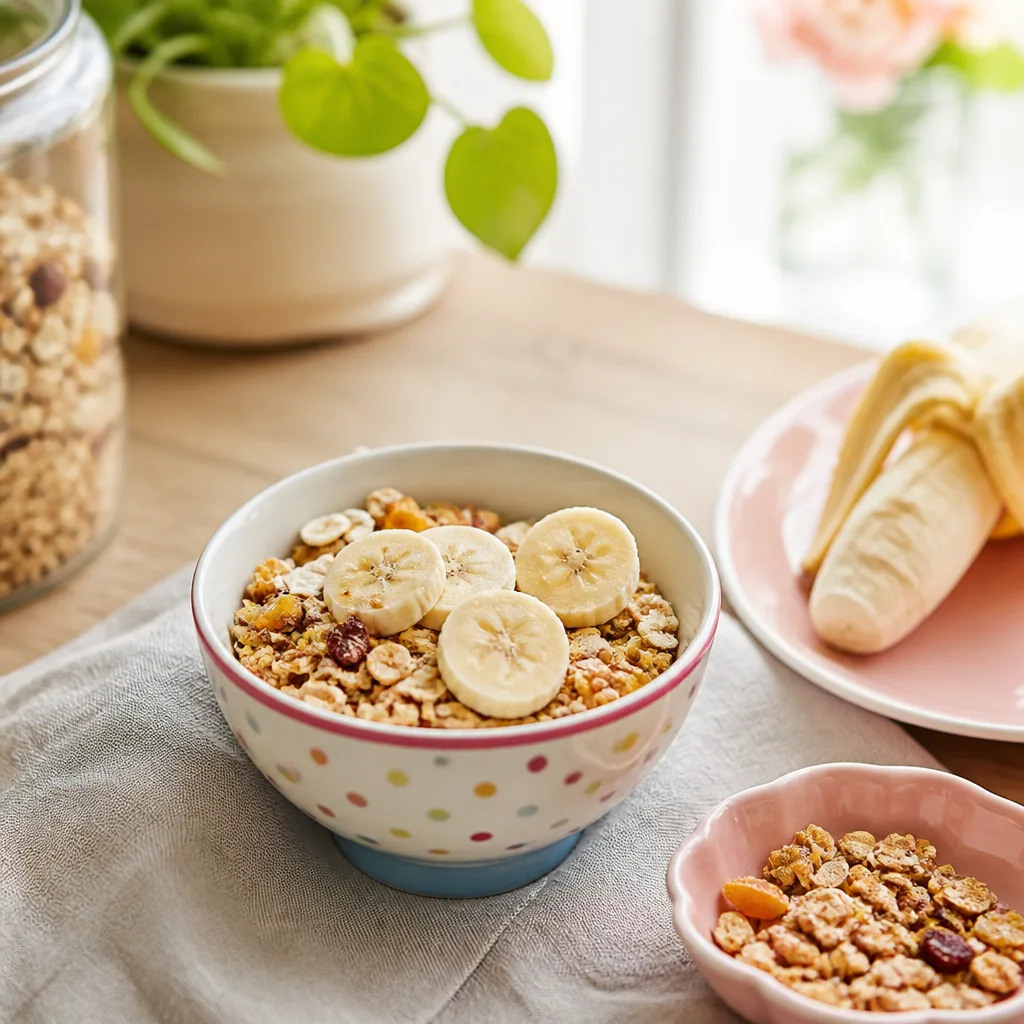 small colorful bowl of muesli with banana slices for a child's breakfast on a kitchen table