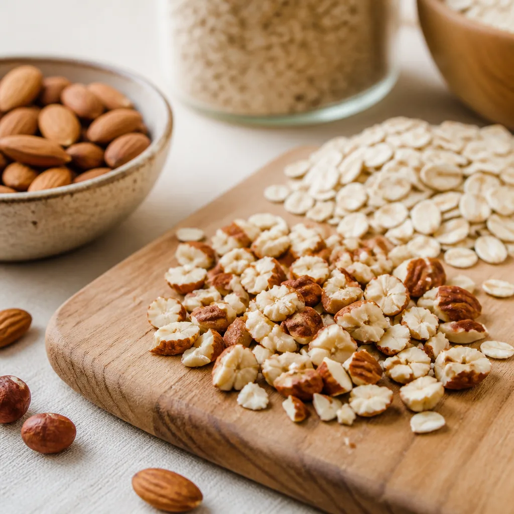 close up of finely chopped almonds and hazelnuts on a wooden cutting board next to oats