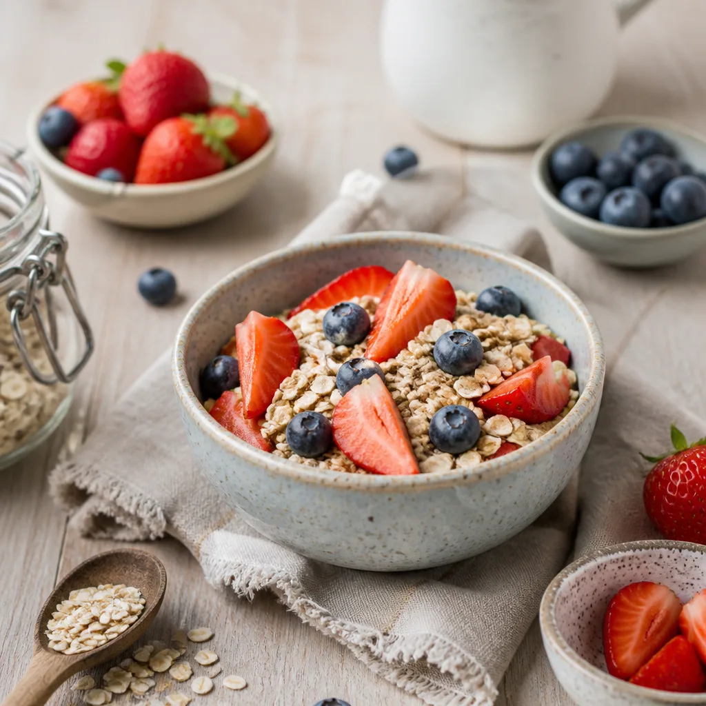 playful arrangement of muesli with sliced strawberries and blueberries in a small ceramic bowl