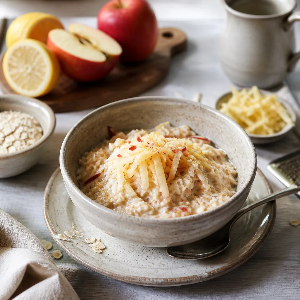 rustic bowl of bircher muesli with grated apple, oats and lemon, vintage style plating