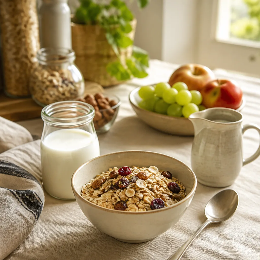 vintage style breakfast table with cereal bowl, milk jug and spoon, soft morning light