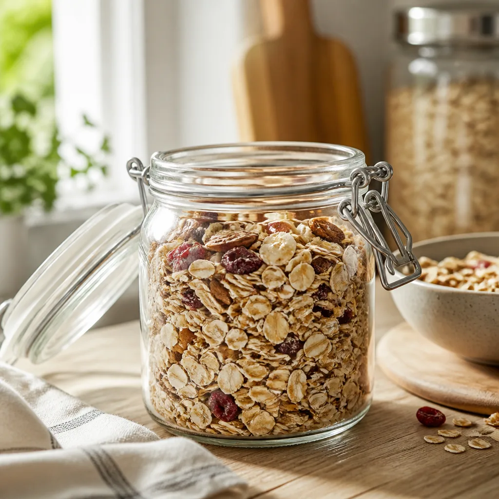 glass jar with airtight clamp lid filled with muesli, kitchen counter background