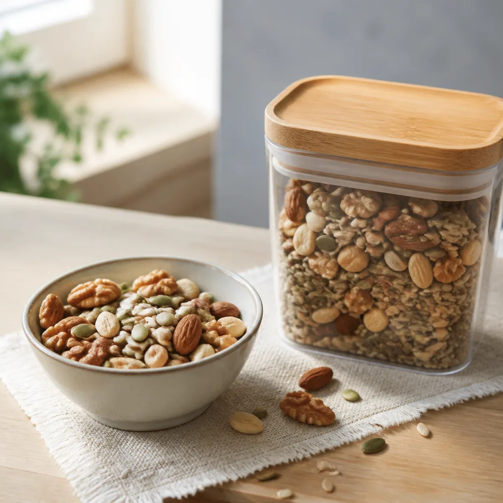 mixed nuts and seeds in small ceramic bowl next to sealed storage container