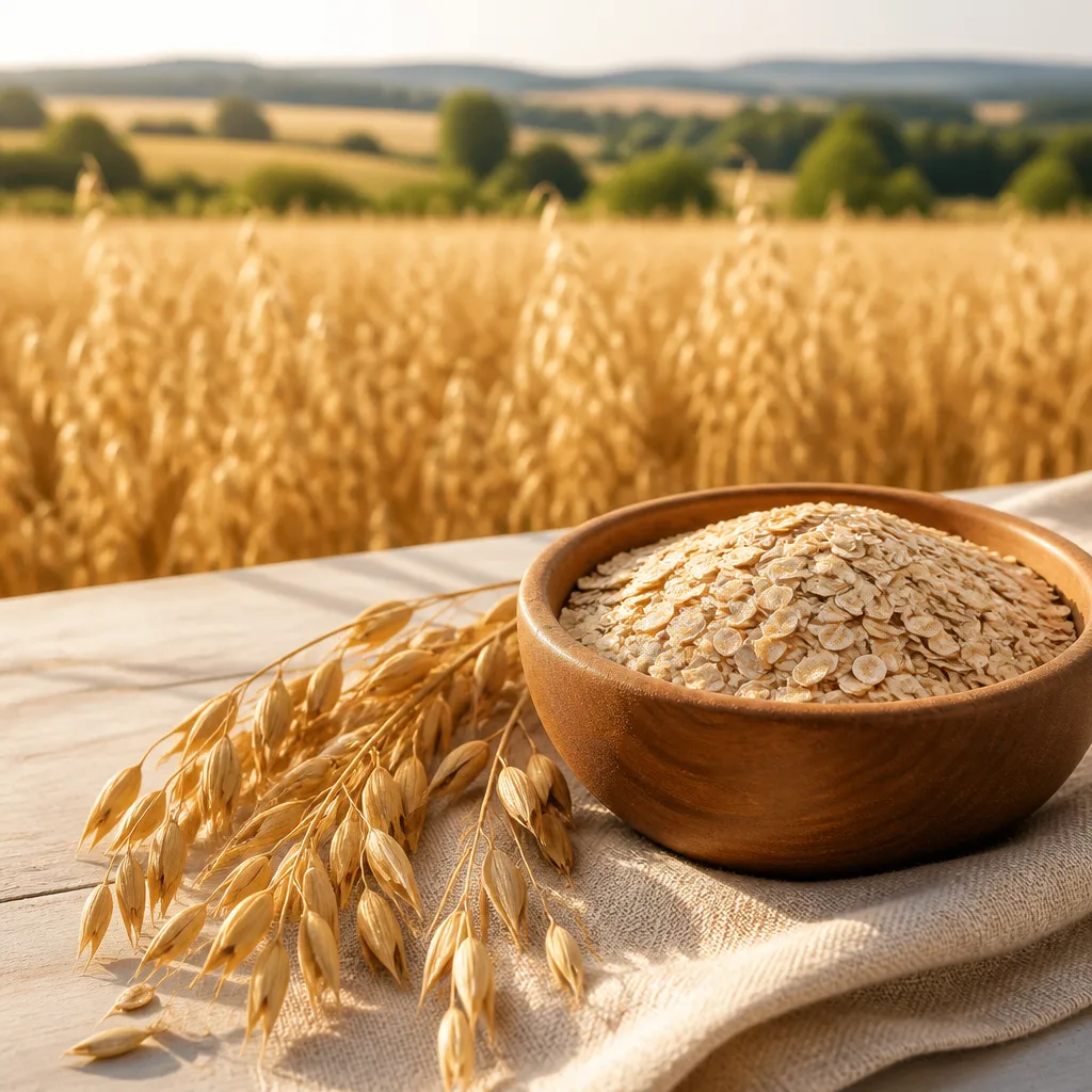 oat field with wooden bowl of oat flakes in foreground, golden hour light
