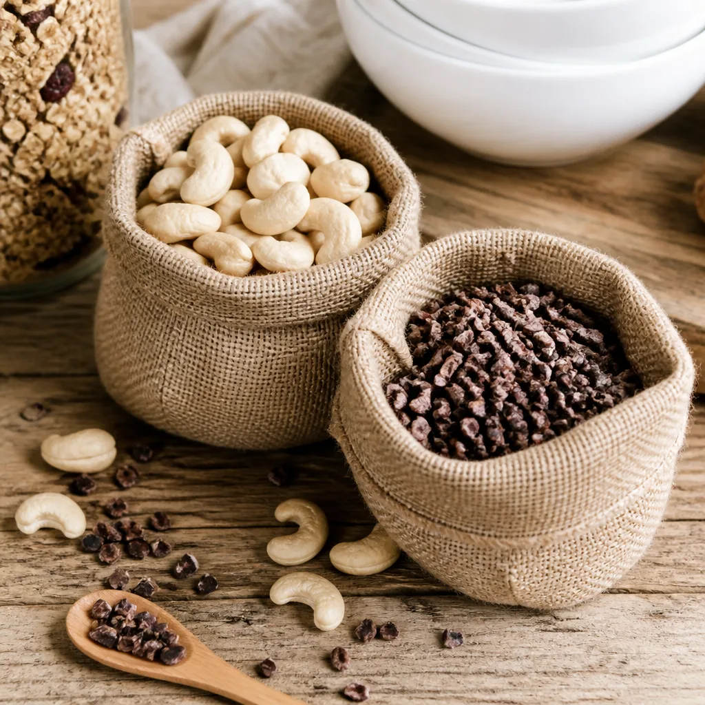 cacao nibs and cashew nuts in small burlap sacks on rustic wooden surface