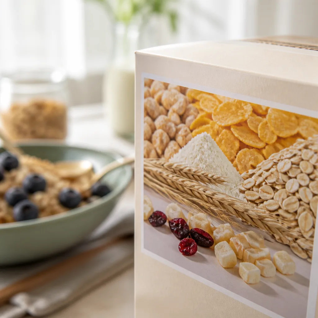 close up of a cereal box ingredient label being read