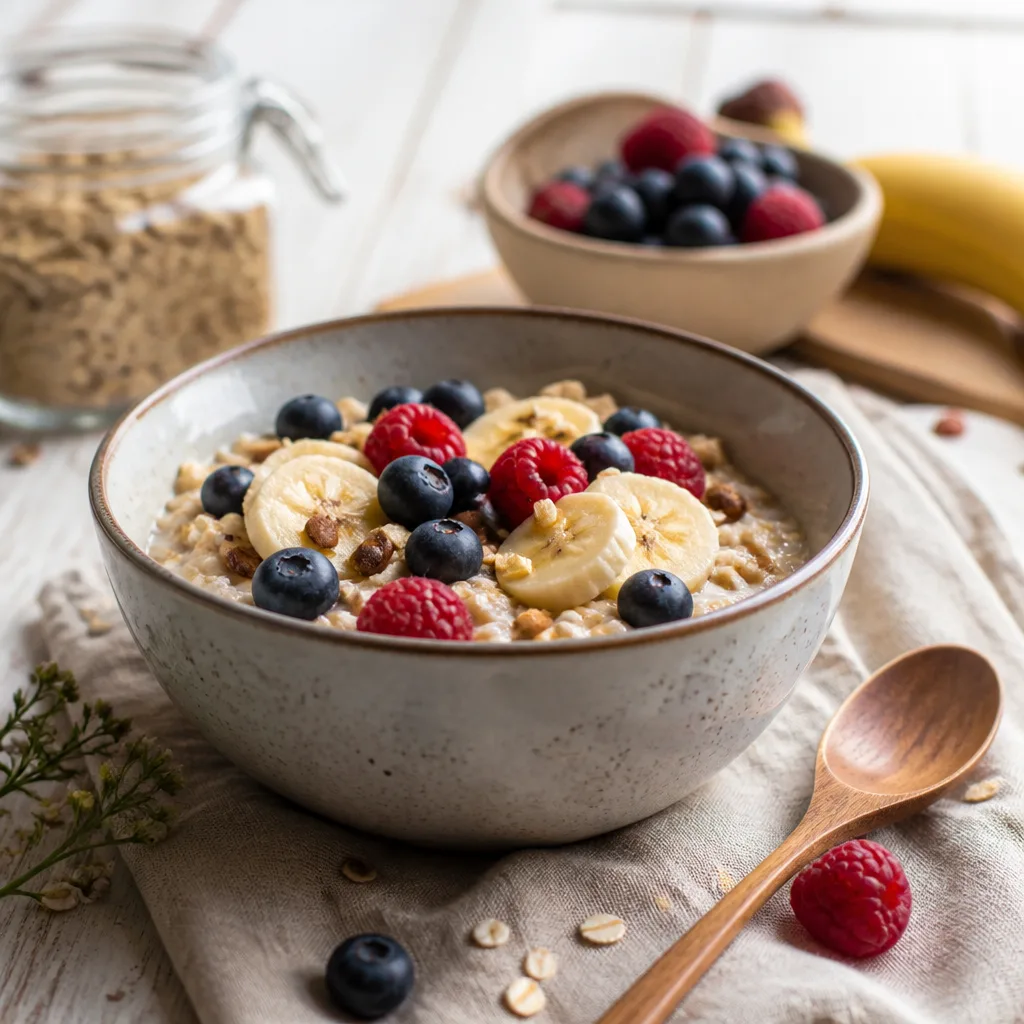 bowl of muesli sweetened naturally with fresh banana and berries