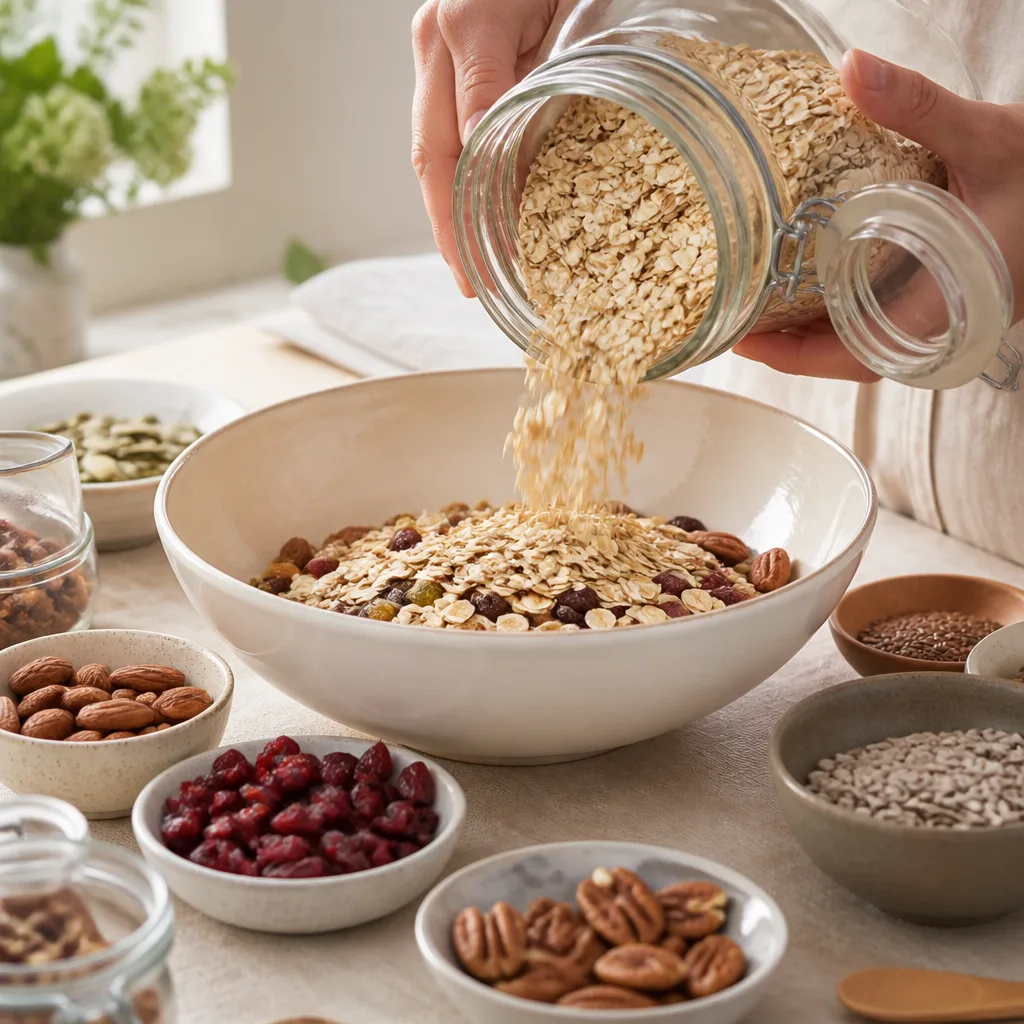 Hands pouring oat flakes from a glass jar into a large mixing bowl with nuts and dried fruit