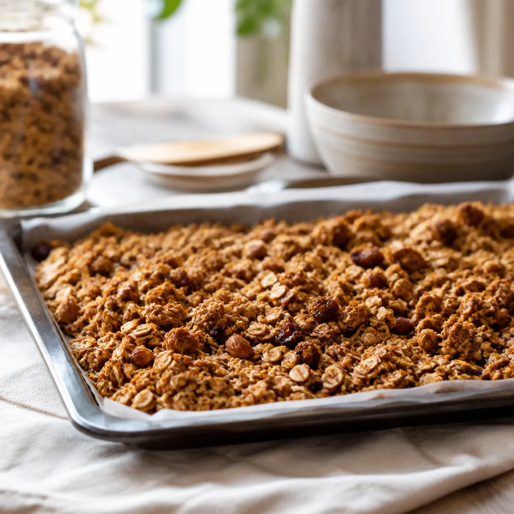 Baking tray with golden roasted granola clusters fresh out of the oven