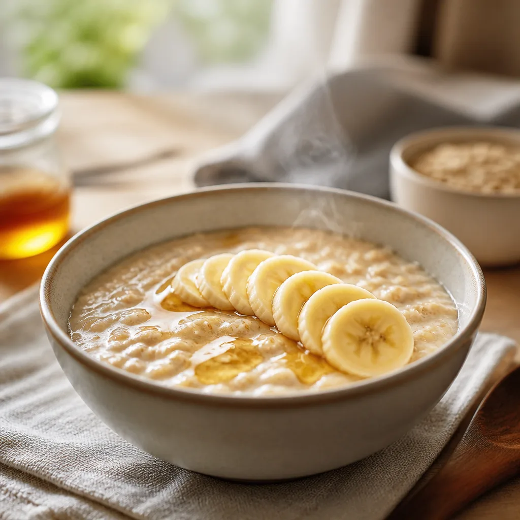 Steaming bowl of oat porridge topped with sliced banana and a drizzle of honey