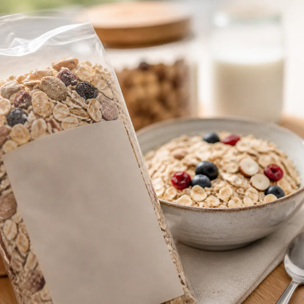 close up of a cereal package ingredient list being read next to a bowl of muesli