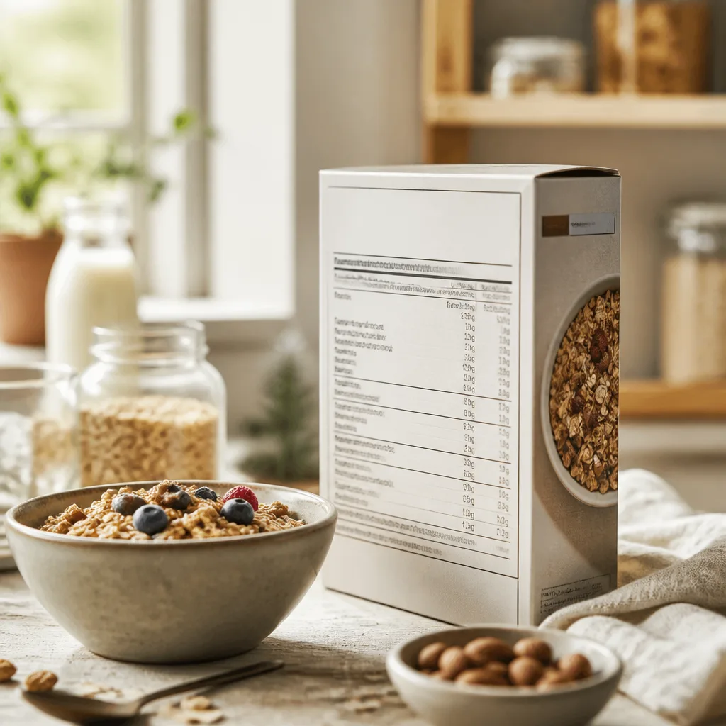cereal box with a visible nutrition label on a kitchen shelf