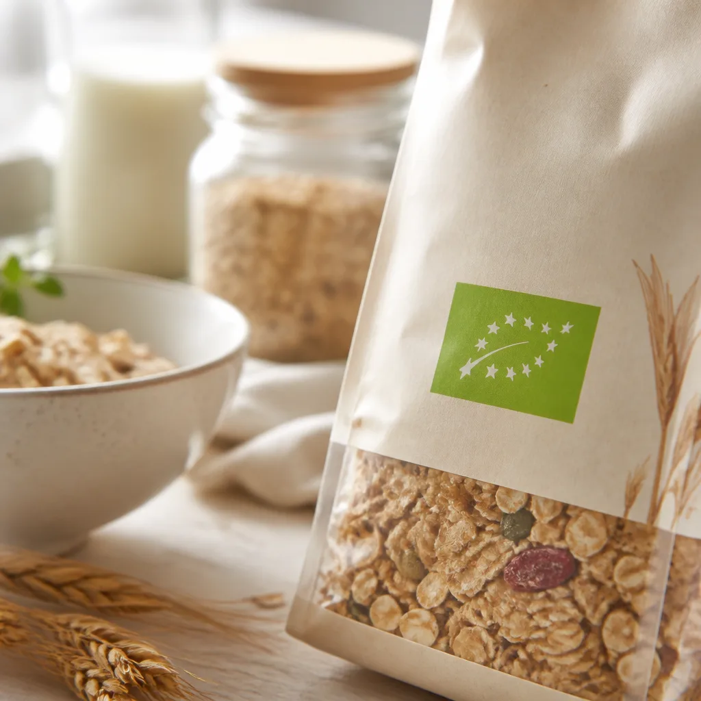 close up of an organic certification seal printed on eco friendly cereal packaging