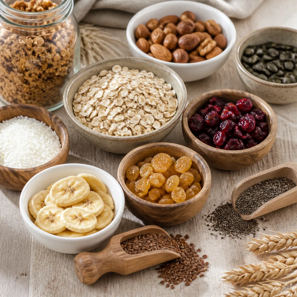 overhead shot of raw muesli ingredients including oats, dried fruit and seeds spread on a table