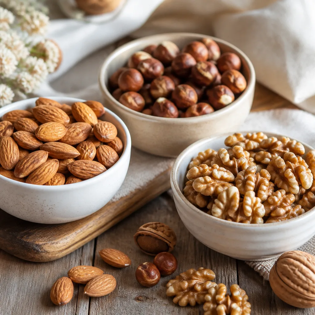 assorted almonds, hazelnuts and walnuts arranged in small bowls on a wooden surface