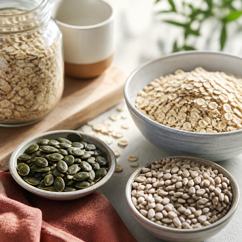 pumpkin seeds and sunflower seeds in separate small dishes next to oats on a countertop