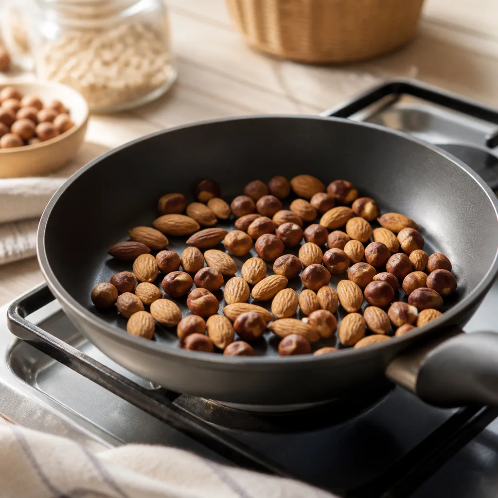 hazelnuts and almonds being roasted in a dry pan on a stove