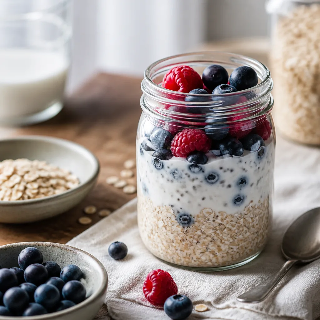 mason jar layered with oats, milk and berries on a wooden table