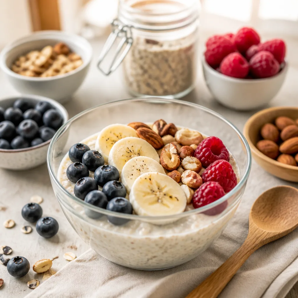 overnight oats topped with sliced banana, nuts and berries in a glass bowl