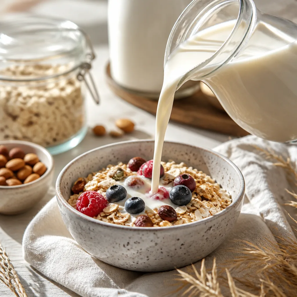 glass of oat drink being poured over bowl of muesli, soft morning light