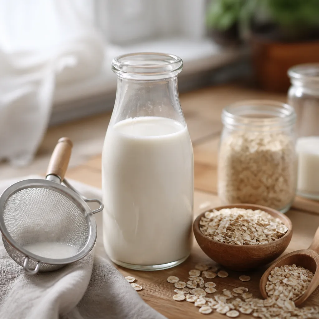 homemade oat drink in glass bottle with strainer and oats on wooden table