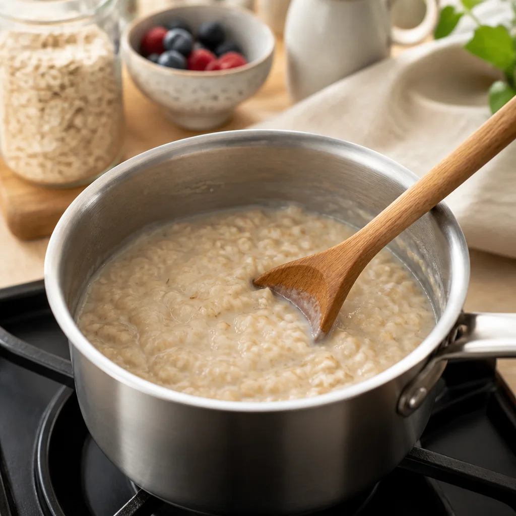 pot of creamy porridge being stirred with a wooden spoon on a stove